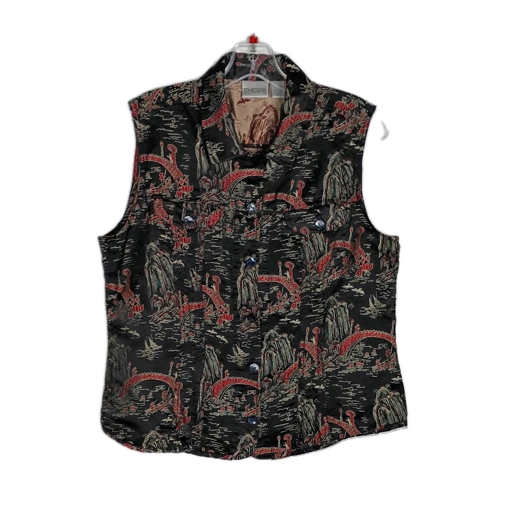 Chico's Black Oriental Themed Silk Style Button Down Vest Size 2